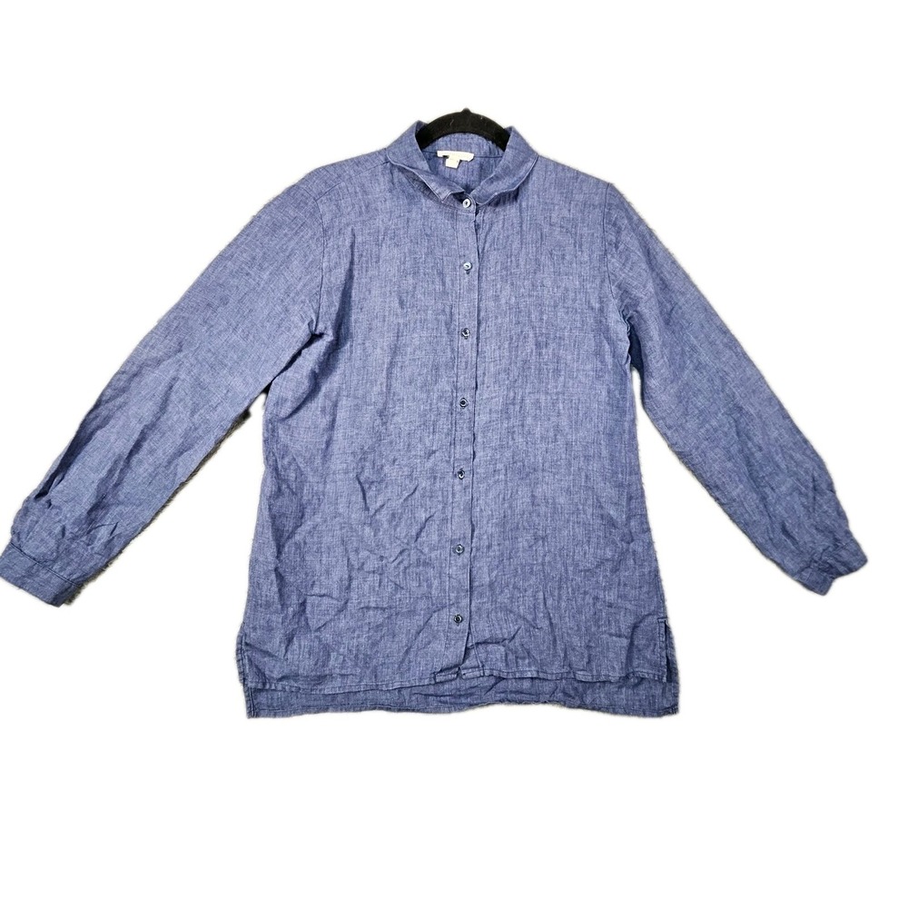 Eileen Fisher‎ Button up Top Womens XS Blue 100% Organic Linen Coastal Heritage